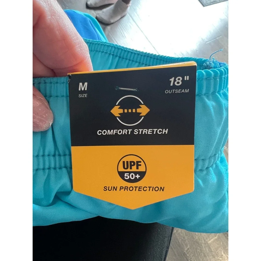 Speedo Mens Swim Trunks Blue Teal Colorblock Comfort Stretch UPF 50+ Medium 18